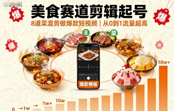 美食赛道剪辑起号，8道菜混剪做爆款短视频，从0到1，流量超高-余宽网创