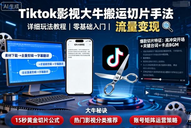 Tiktok影视大牛搬运切片手法，详细玩法教程-余宽网创