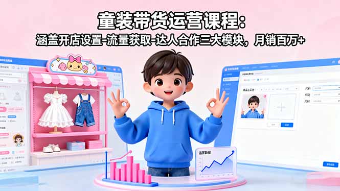 童装带货运营课程：涵盖开店设置-流量获取-达人合作三大模块，月销百万+-余宽网创