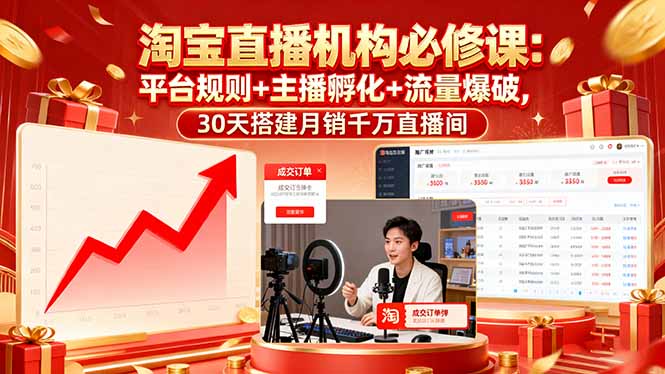 淘宝直播机构必修课：平台规则/主播孵化/流量爆破,30天搭建月销千万直播间-余宽网创