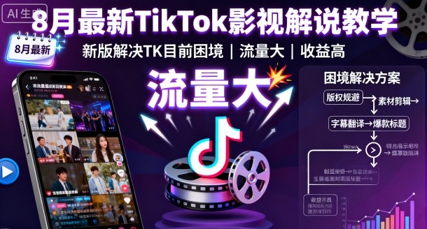 8月最新TikTok影视解说教学，新版解决TK目前困境，流量大，收益高-余宽网创