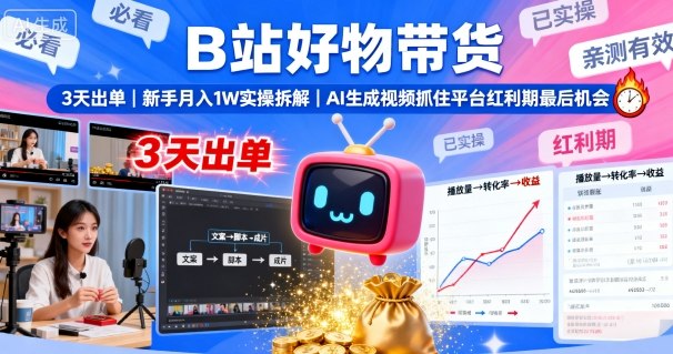 B站好物带货，3天出单，新手月入1W实操拆解，AI生成视频，抓住平台红利期最后机会-余宽网创