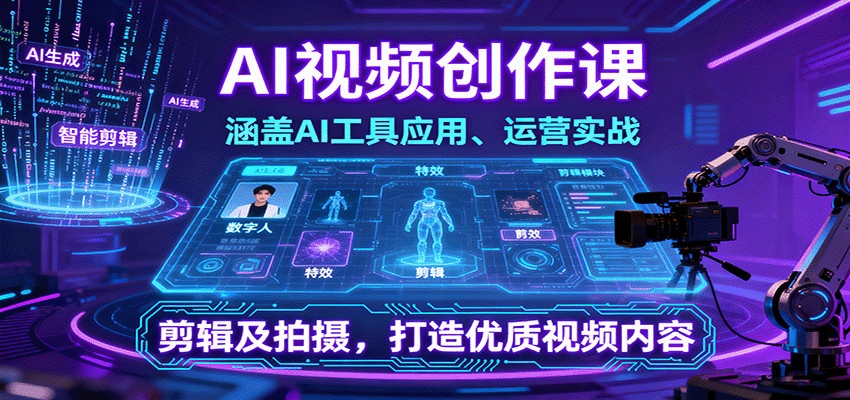 AI视频创作课，涵盖AI工具应用、运营实战、剪辑及拍摄，打造优质视频内容-余宽网创