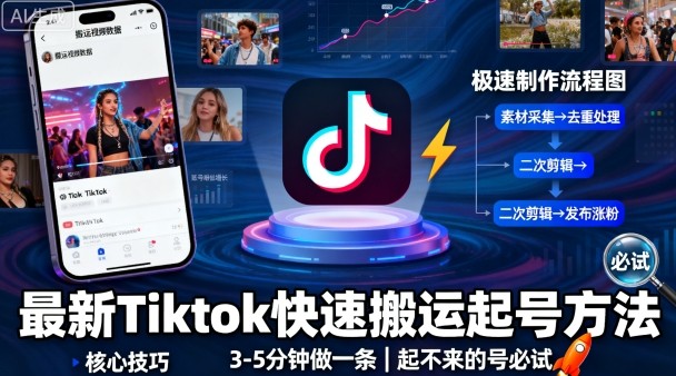 最新Tiktok快速搬运快速起号方法，3-5分钟做一条，起不来的号可以试试-余宽网创