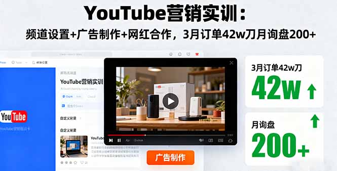 YouTube营销实训：频道设置+广告制作+网红合作，3月订单42w刀月询盘200+-余宽网创