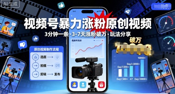 视频号暴力涨粉原创视频，3分钟一条原创视频，3-7天涨粉破万，玩法分享给你-余宽网创
