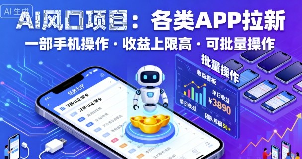 AI风口项目，各类APP拉新，一部手机就可以操作，收益上限高，可批量操作-余宽网创