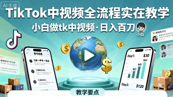 TikTok中视频全流程实操教学，小白做tk中视频，日入百刀-余宽网创