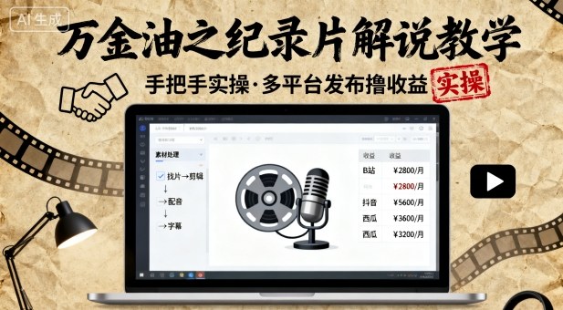 万金油之纪录片解说教学，手把手教你，完全实操，多平台发布撸收益-余宽网创