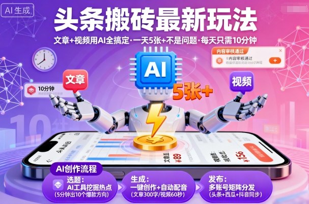 头条搬砖最新玩法，文章+视频用AI全搞定，一天5张+不是问题，每天只需10分钟-余宽网创