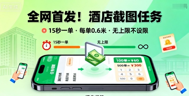全网首发！酒店截图任务，15秒一单，每单0.6米，任务无上限不设限，矩阵操作单日3张到手【揭秘】-余宽网创