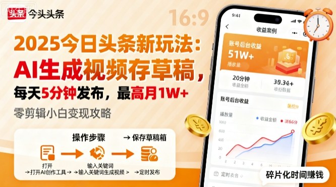 2025年今日头条躺賺新玩法，AI生成视频存草稿，每天5分钟发布，最高月1W+【揭秘】-佐思资源网下载-专注于互联网平台分享平台