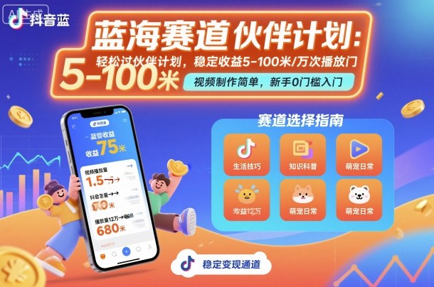 抖音蓝海赛道，轻松过伙伴计划，视频制作简单，万次播放收益在5-100米，稳定收益-佐思资源网下载-专注于互联网平台分享平台