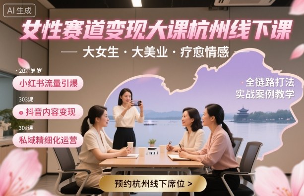 女性赛道变现大课杭州线下，大女生，大美业，疗愈情感，一套小红书、抖音、私域全链路打法-佐思资源网下载-专注于互联网平台分享平台