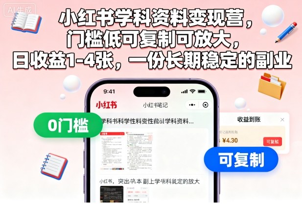 https://wc.yk520.top/wp-content/uploads/2025/10/20251024041035-68fafc3b36729.jpeg 小红书学科资料变现营,门槛低可复制可放大,日收益1-4张,一份长期稳定的副业
