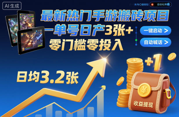 最新热门手游搬砖项目,一键自动化挂G,单号日产3张+,零门槛零投入【揭秘】-白蛇网赚-余宽网创