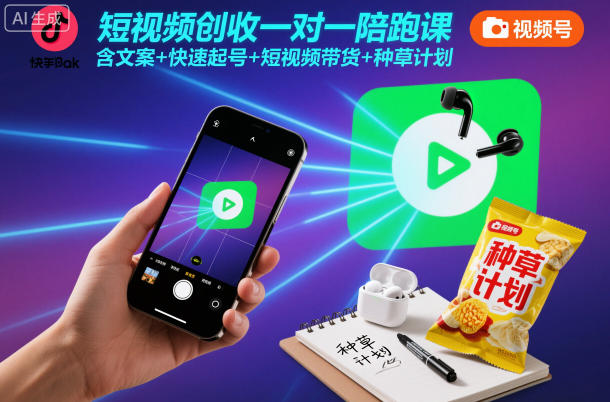 短视频创收一对一陪跑课,含文案+快速起号+短视频带货+种草计划-白蛇网赚-余宽网创