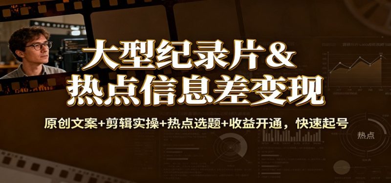大型纪录片&热点信息差变现:原创文案+剪辑实操+热点选题+收益开通,快速起号-白蛇网赚-余宽网创