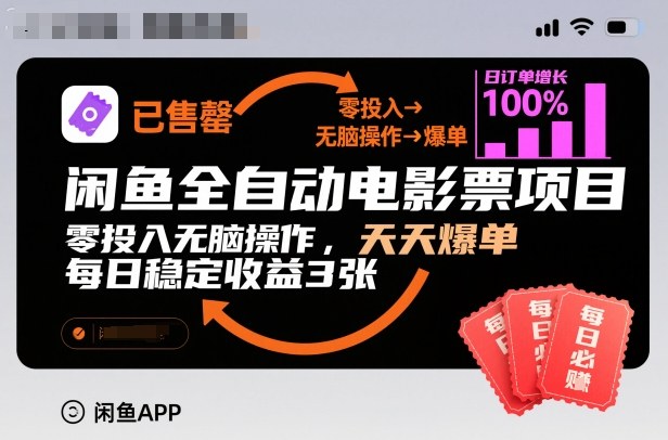 闲鱼全自动电影票项目，零投入无脑操作，天天爆单，每日稳定收益3张【揭秘】-白蛇网赚-佐思资源网下载-专注于互联网平台分享平台