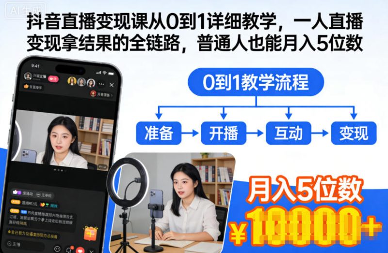 抖音直播变现课从0到1详细教学，一人直播变现拿结果的全链路，普通人也能月入5位数-白蛇网赚-余宽网创
