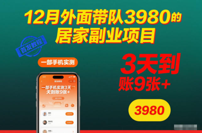 12月外面带队3980的居家副业项目,一部手机实测3天到账9张+,首发教程【揭秘】-白蛇网赚-佐思资源网下载-专注于互联网平台分享平台