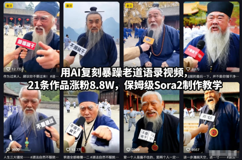 用AI复刻暴躁老道语录视频,21条作品涨粉8.8W,保姆级Sora2制作教学-白蛇网赚-佐思资源网下载-专注于互联网平台分享平台