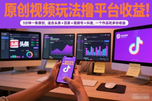 原创视频玩法撸平台收益,3分钟一条原创,适合头条+百家+视频号+抖音,一个作品吃多份收益-白蛇网赚-余宽网创