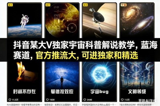 抖音某大V独家宇宙科普解说教学,蓝海赛道,官方推流大,可进独家和精选-白蛇网赚-余宽网创