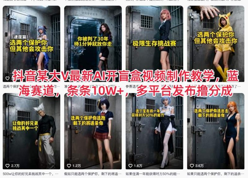抖音某大V最新AI开盲盒视频制作教学,蓝海赛道,条条10W+,多平台发布撸分成-白蛇网赚-余宽网创