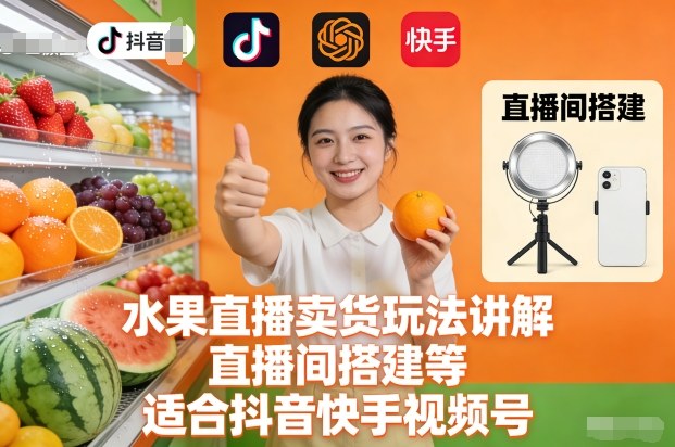 水果直播卖货玩法讲解、直播间搭建等，适合抖音快手视频号-白蛇网赚-