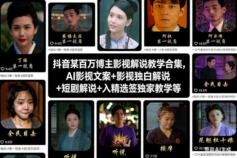 抖音某百万博主影视解说教学合集,AI影视文案+影视独白解说+短剧解说+入精选签独家教学等-白蛇网赚-余宽网创