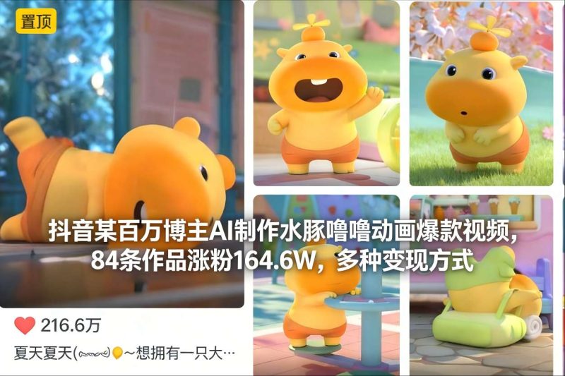 抖音某百万博主AI制作水豚噜噜动画爆款视频，84条作品涨粉164.6W，多种变现方式-白蛇网赚-余宽网创