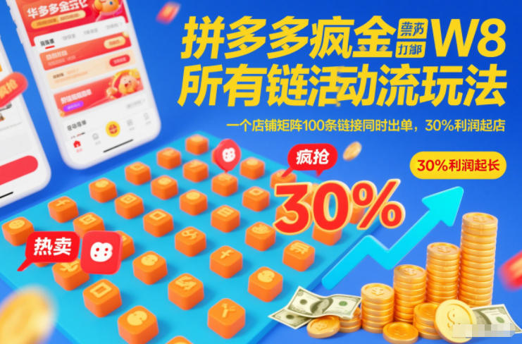 拼多多疯狂活动流玩法，所有链接全部打标，一个店铺矩阵100条链接同时出单，30%利润起店-白蛇网赚-