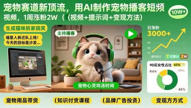 宠物赛道新顶流，用AI制作宠物播客短视频，1周涨粉2W(视频+提示词+变现方法)-白蛇网赚-余宽网创