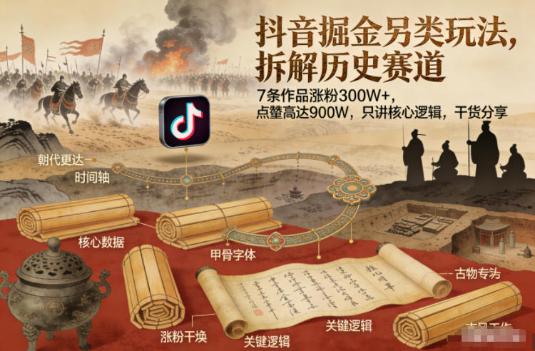 抖音掘金另类玩法，拆解历史赛道，7条作品涨粉300W+，点赞量高达900W，只讲核心逻辑，干货分享-白蛇网赚-余宽网创