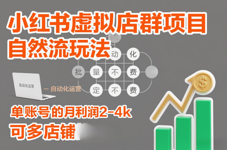 小红书虚拟店群项目，自然流玩法，批量自动化，稳定不费号，单账号的月利润2-4k，可多店矩阵-白蛇网赚-余宽网创