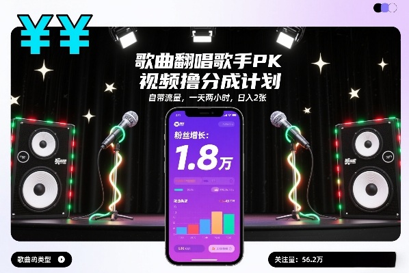 歌曲翻唱歌手PK视频撸分成计划，自带流量，一天两小时，日入2张-白蛇网赚-余宽网创