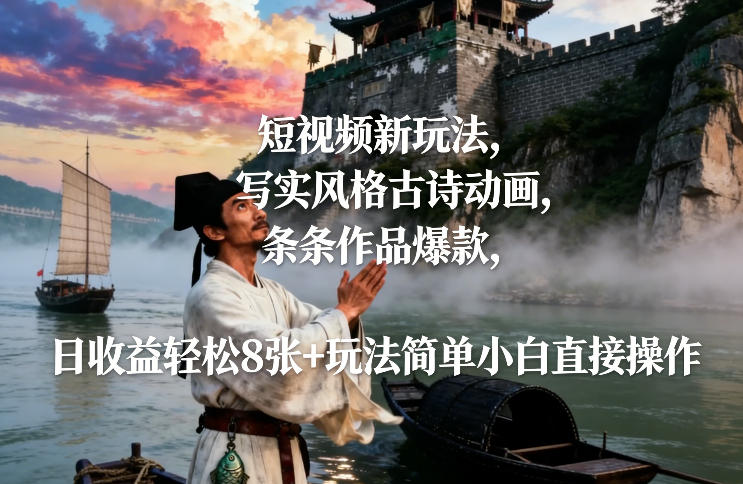 短视频新玩法，写实风格古诗动画，条条作品爆款，日收益轻松8张+玩法简单小白直接操作-白蛇网赚-余宽网创