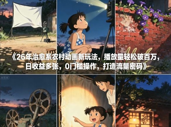 26年治愈系农村动画新玩法，播放量轻松破百万，日收益多张，0门槛操作，打造流量密码-白蛇网赚-余宽网创