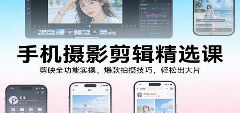 手机摄影剪辑精选课：剪映全功能实操、爆款拍摄技巧，轻松出大片-白蛇网赚-余宽网创