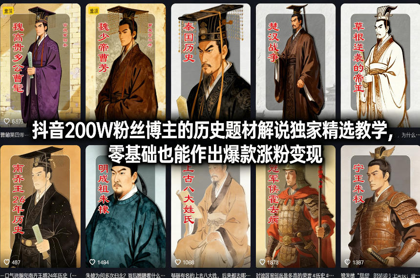 抖音200W粉丝博主的历史题材解说独家精选教学，零基础也能作出爆款涨粉变现-白蛇网赚-余宽网创