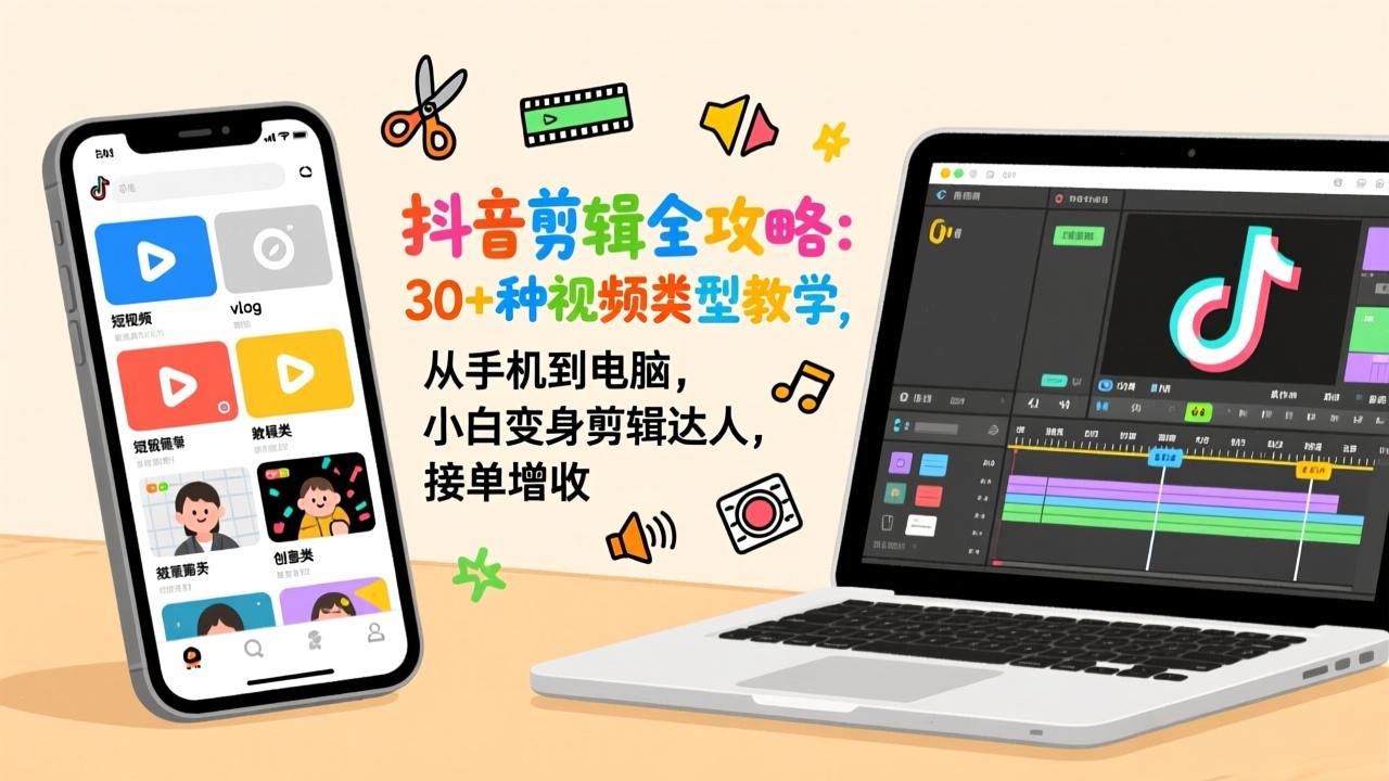 抖音剪辑全攻略：30+种视频类型教学，从手机到电脑，小白变身剪辑达人，接单增收-白蛇网赚-余宽网创