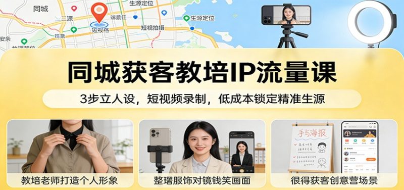 同城获客教培IP流量课：3步立人设，短视频录制，低成本锁定精准生源-白蛇网赚-余宽网创