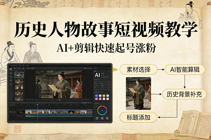 历史人物故事短视频教学，AI+剪辑制作历史人物题材短视频，快速起号涨粉-白蛇网赚-余宽网创