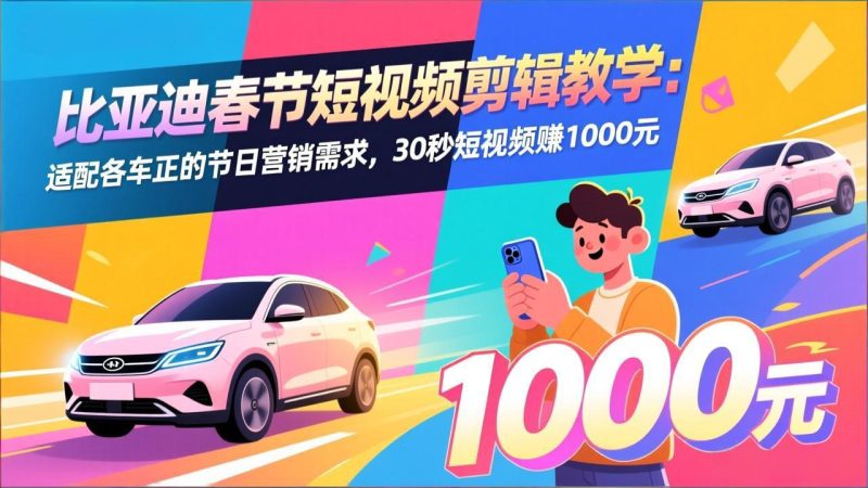 比亚迪春节短视频剪辑教学：适配各车企的节日营销需求，30秒短视频赚1000元-白蛇网赚-余宽网创