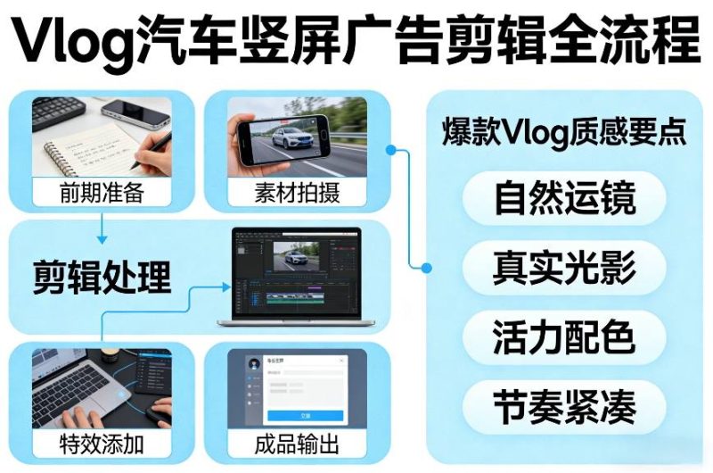 Vlog感觉汽车竖屏广告剪辑脚本全流程，拿捏爆款Vlog质感-白蛇网赚-余宽网创