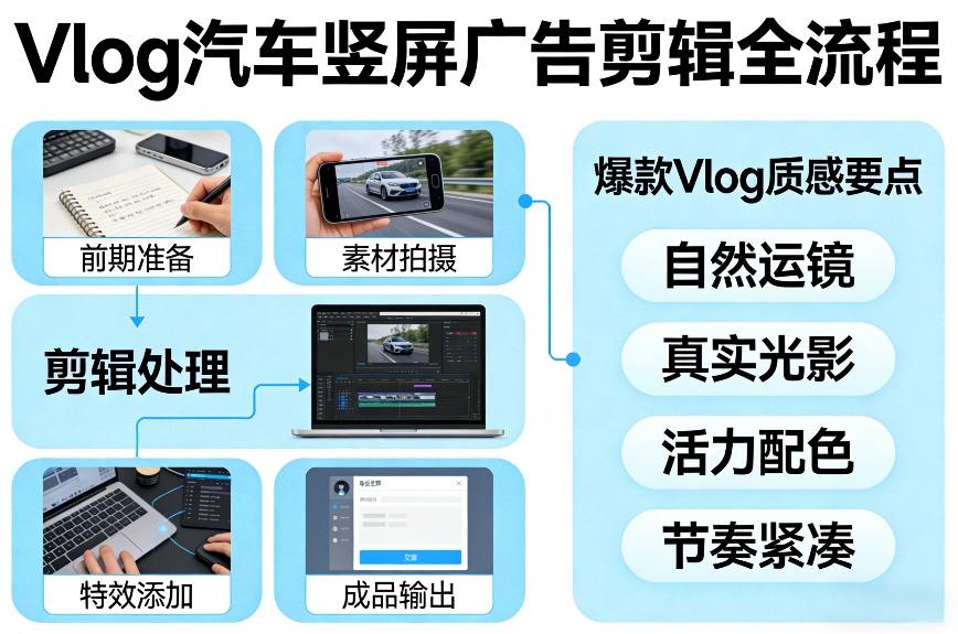 Vlog感觉汽车竖屏广告剪辑脚本全流程，拿捏爆款Vlog质感-白蛇网赚-余宽网创