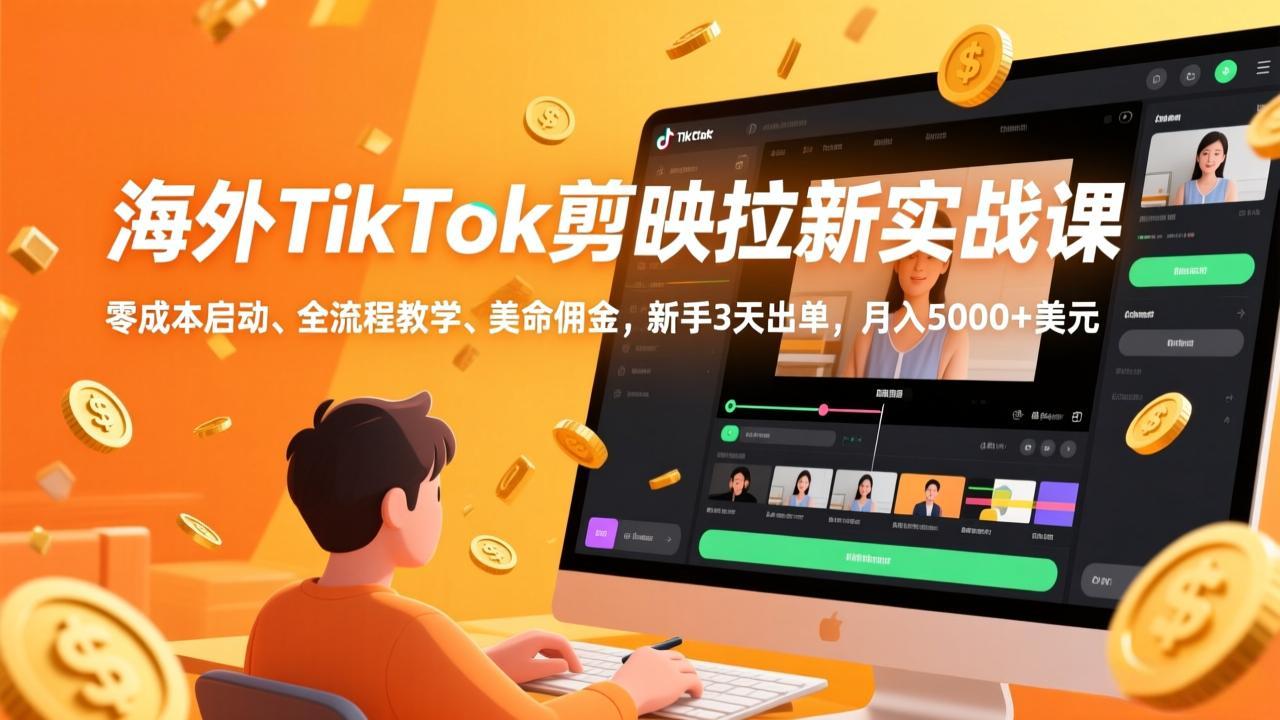 海外TikTok剪映拉新实战课，零成本启动、全流程教学、美金佣金，新手3天出单，月入5000+美元-白蛇网赚-余宽网创