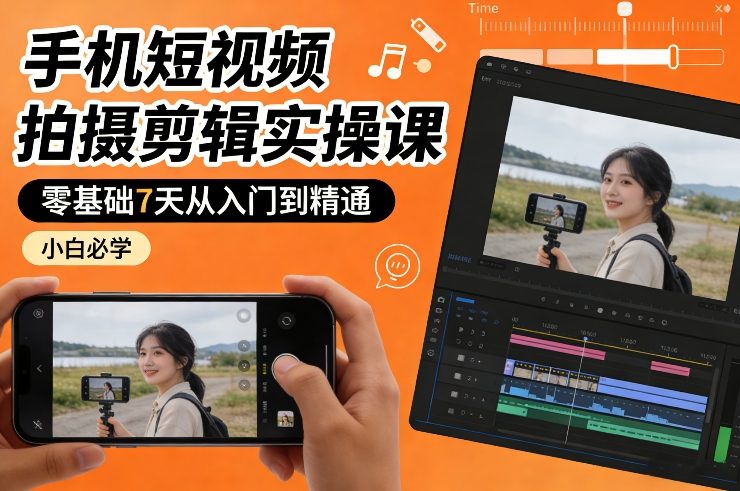 手机短视频拍摄剪辑实操课，零基础7天从入门到精通，小白必学-白蛇网赚-余宽网创