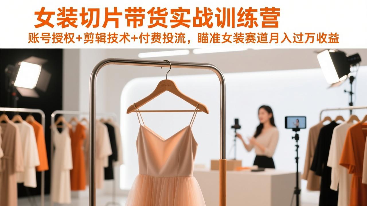 女装切片带货实战训练营，账号授权+剪辑技术+付费投流，瞄准女装赛道月入过万收益-白蛇网赚-余宽网创